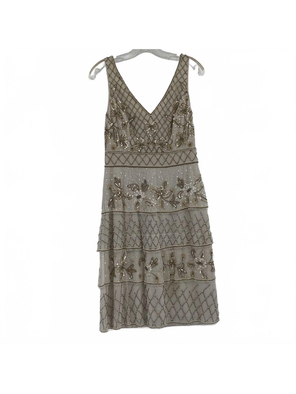Adrianna Papell Beige Gold Mini Dress Beaded Tiered Knee-Length | Womens 6